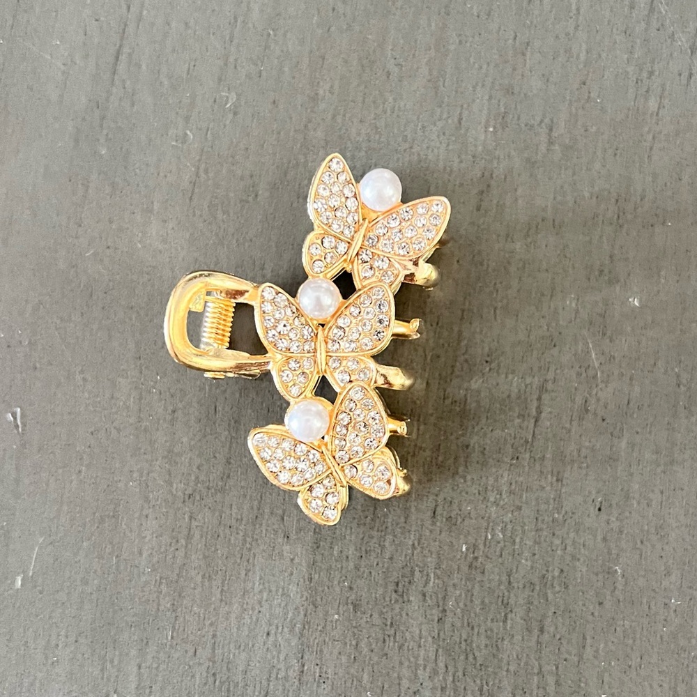 Triple 3 Butterfly Allover Rhinestone & Pearl Gold 2" Lobster Claw Hair Clip